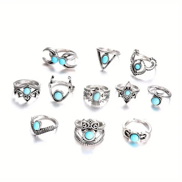 Rings Turquoise Silver Finger 11pc Gypsy Boho Hippie Stackable Trippy Stylish - Picture 3 of 4